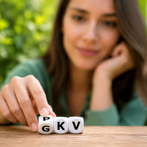 Eine Frau dreht einen Würfel auf dem dann die Buchstaben "GKV" ersichtlich sind