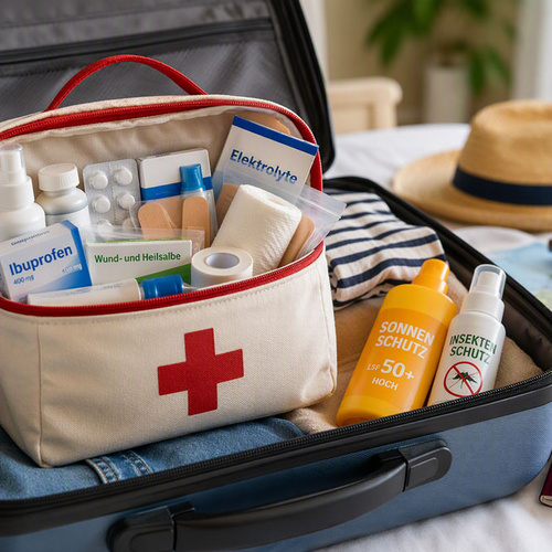 Tasche mit Reise&shy;apotheke in einem offenen Koffer.