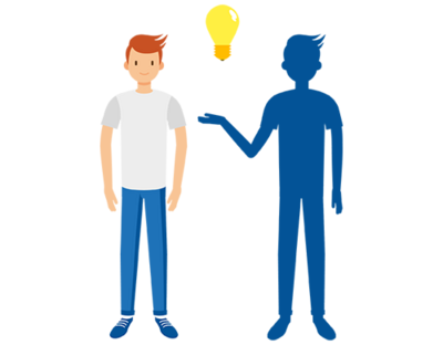 Illustration einer Person mit ihrem Schatten, die eine Glühbirne präsentiert