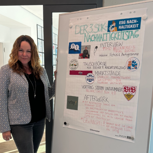 Anja Kundic steht am 3. Nachhaltigkeitstag der SDK links neben einem beschriebenen Whiteboard. 