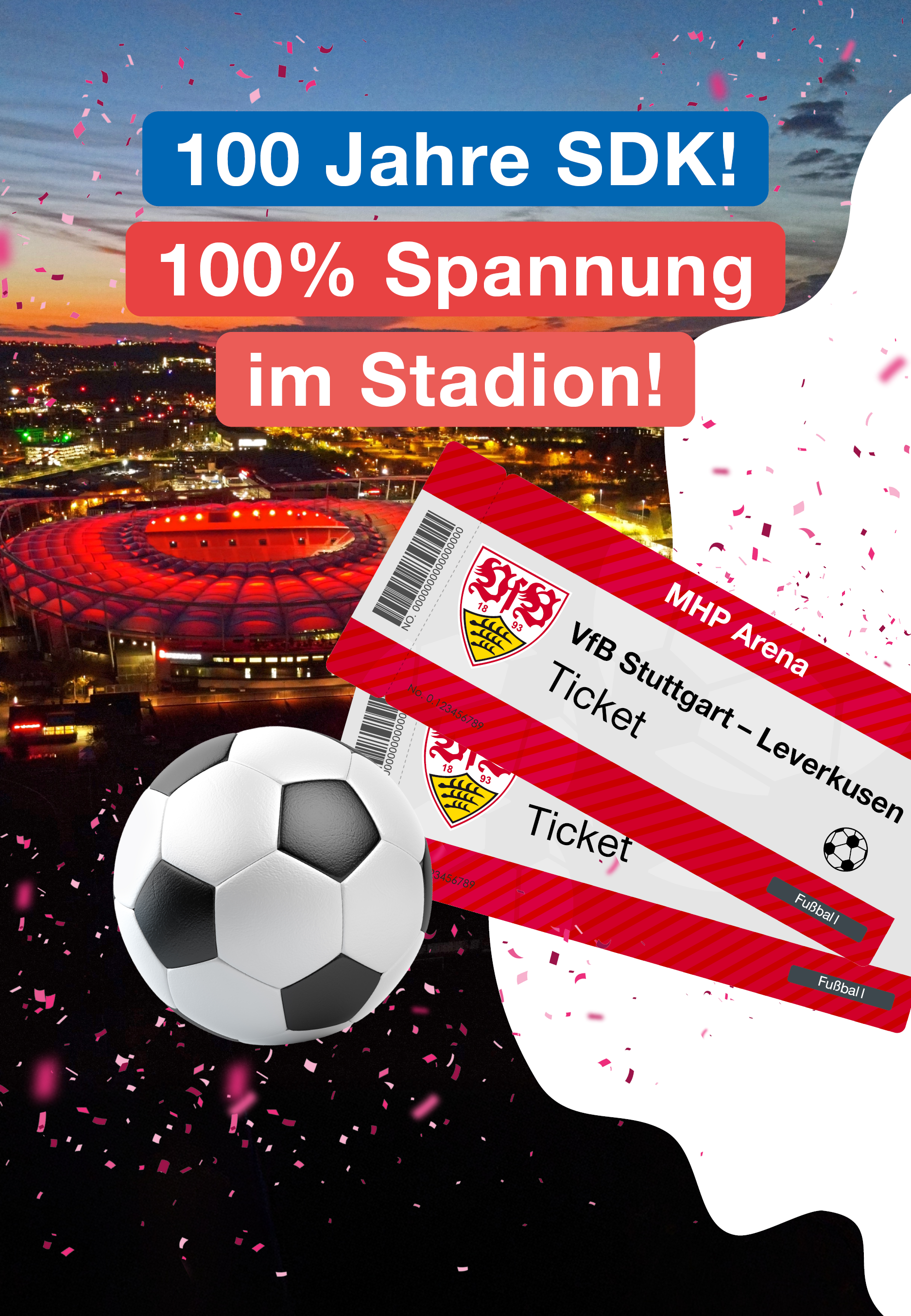 Kollage mit Abbildungen des Stadions, eines Fußballs und der Gewinne.