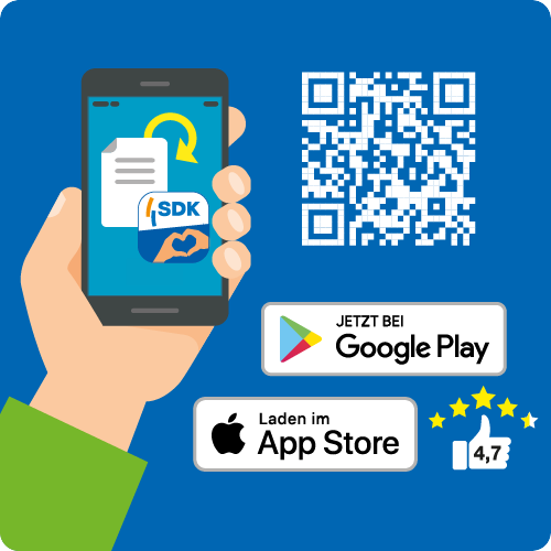 Illustration Smartphone mit SDK-App, QR-Code und Bewertung